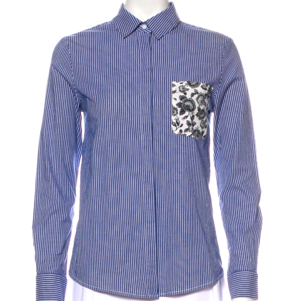 Thakoon Button-Up Top Stripes with Floral Pocket Size S GUC